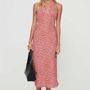 Red floral halter midi dress